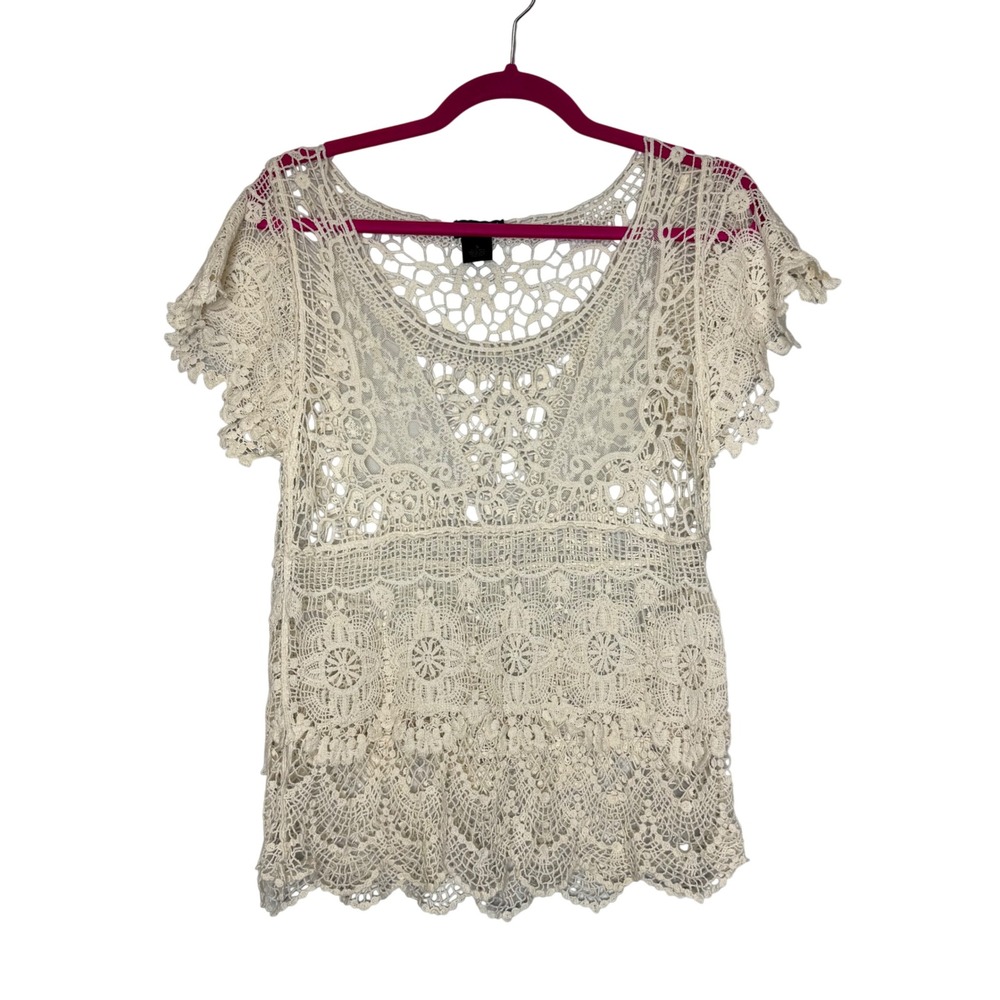 Wet Seal Women Cream Crochet Lace Top Boho Y2K Cotton Sheer Flutter Sleeve Small